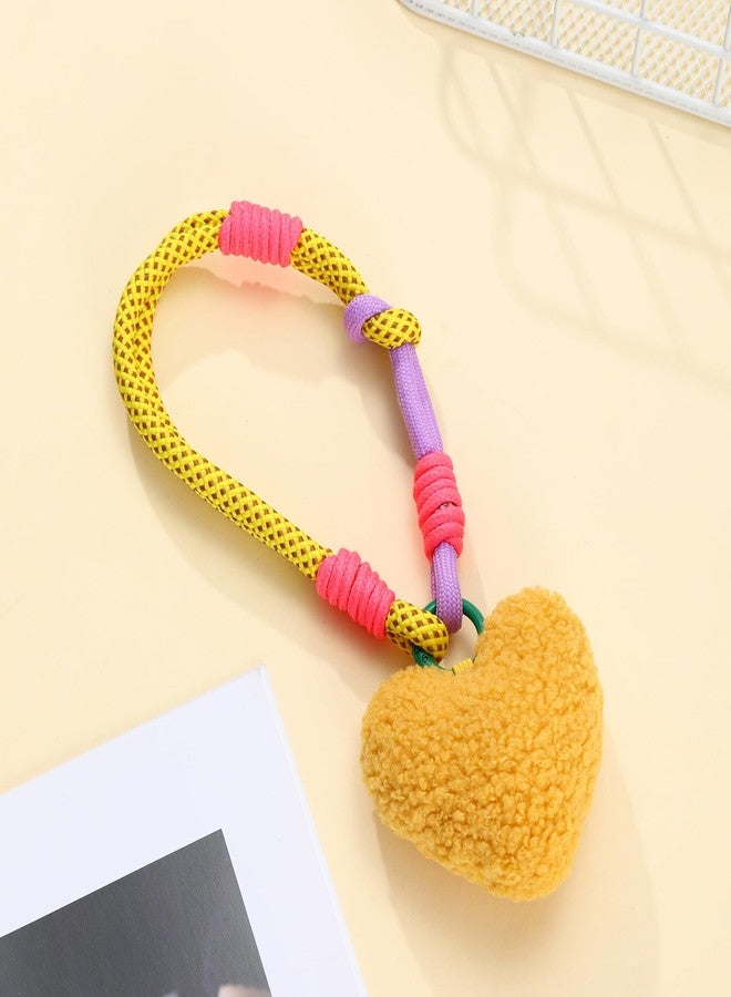Dhdfisd Plush Heart Keychain Y2k Cute Aesthetic Pom Pom Keychain Braided Rope Keychain Bag Charms Car Wrist Strap Lanyard (yellow heart) - Image 3